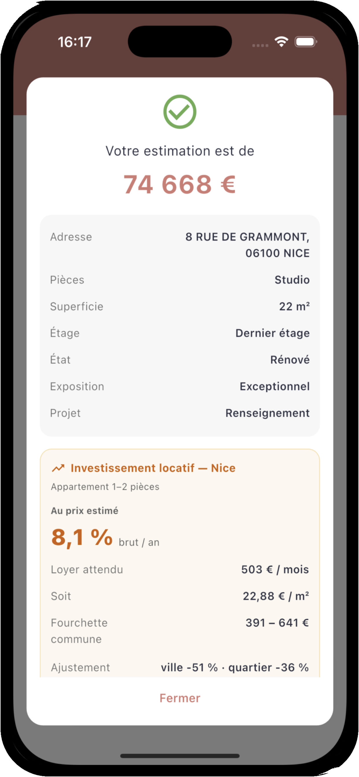 Résultat d’estimation et rendement locatif